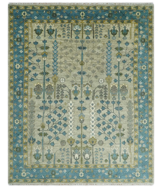 Tree of life Hand Knotted Traditional Beige and Blue Vintage Style Custom Made Wool Area Rug