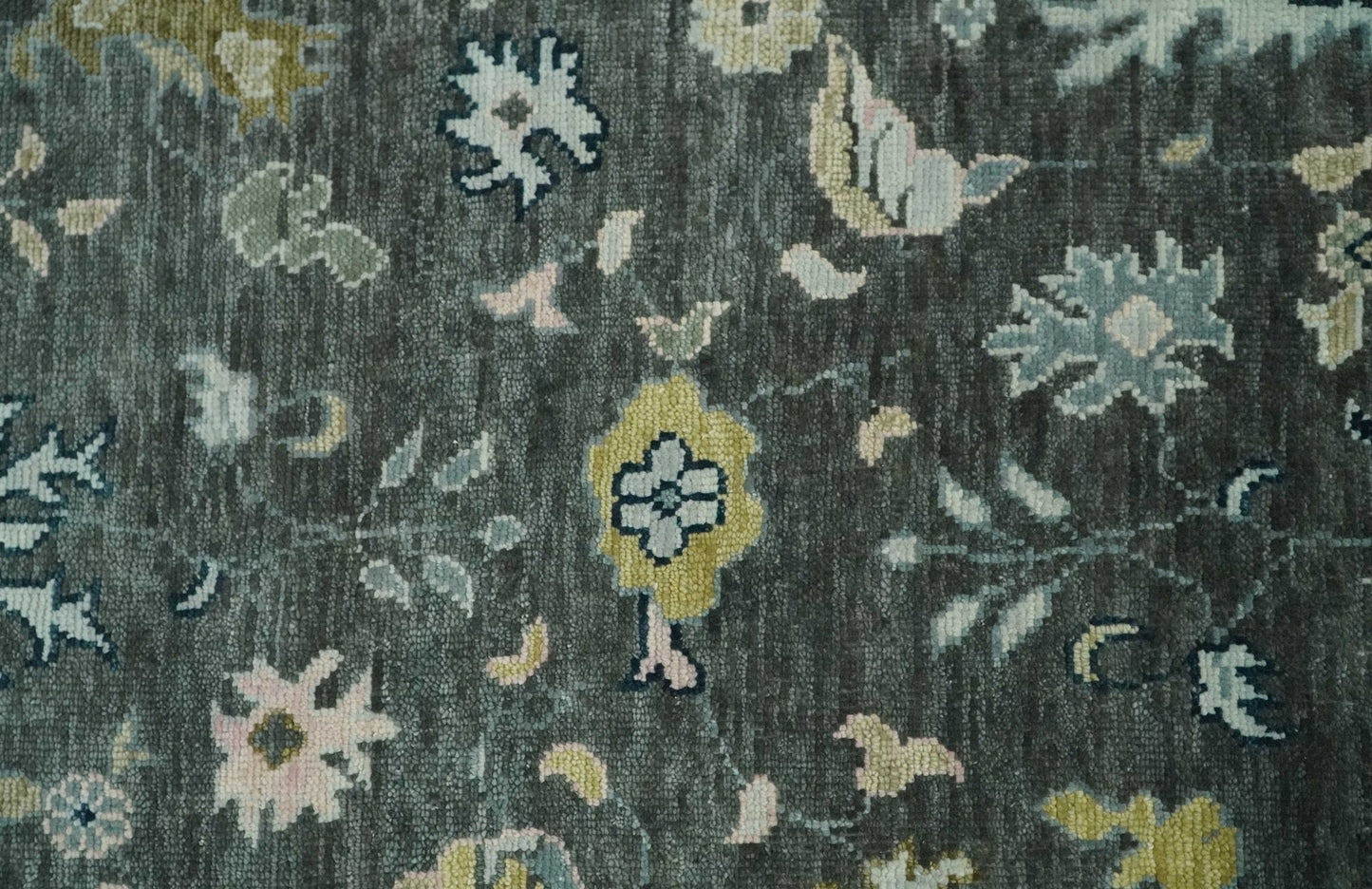 Custom Made Hand Knotted Charcoal and Ivory Traditional Oushak Wool Area Rug