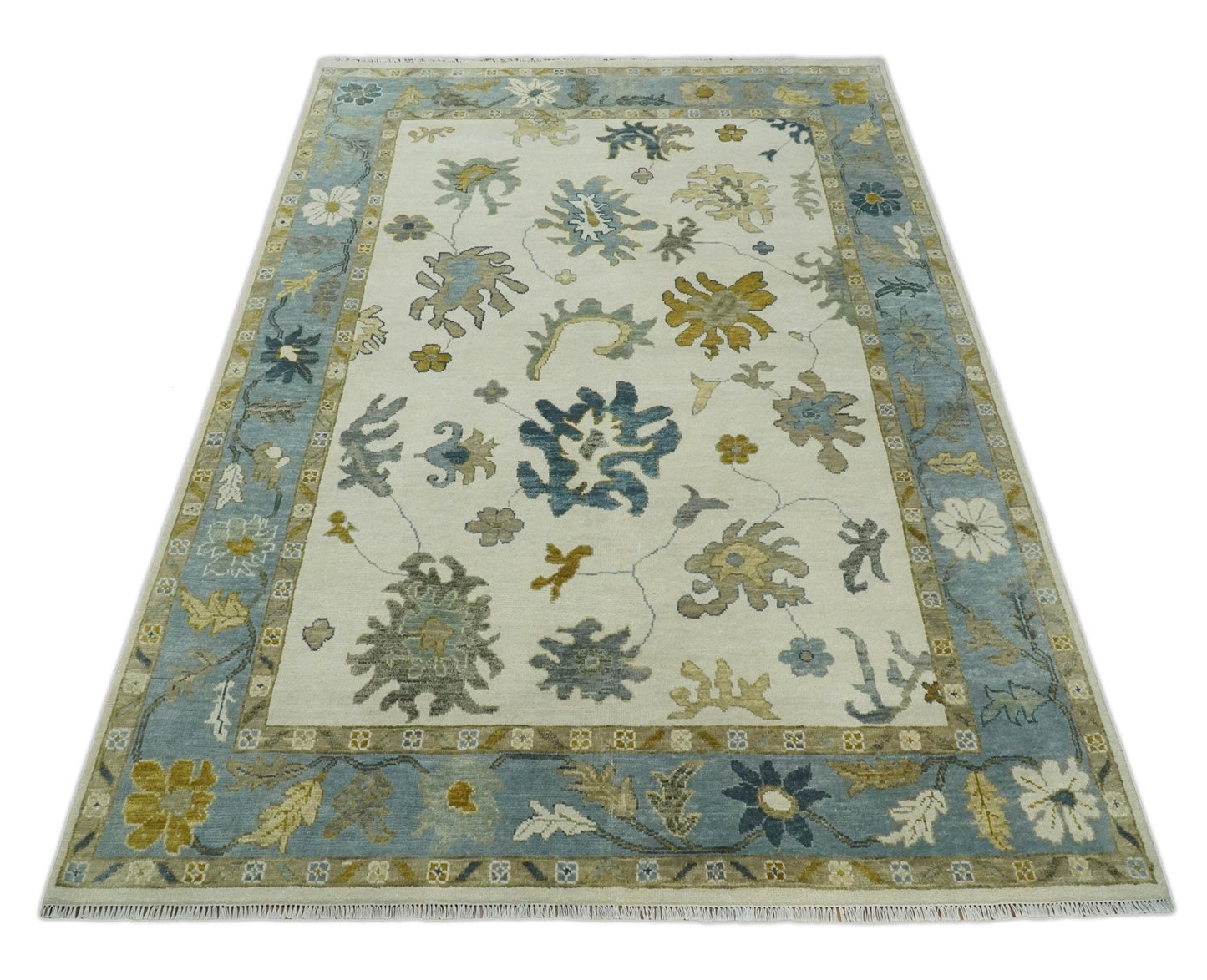 Hand Knotted Ivory, Silver and Blue Traditional Oushak Custom Made Wool Area Rug