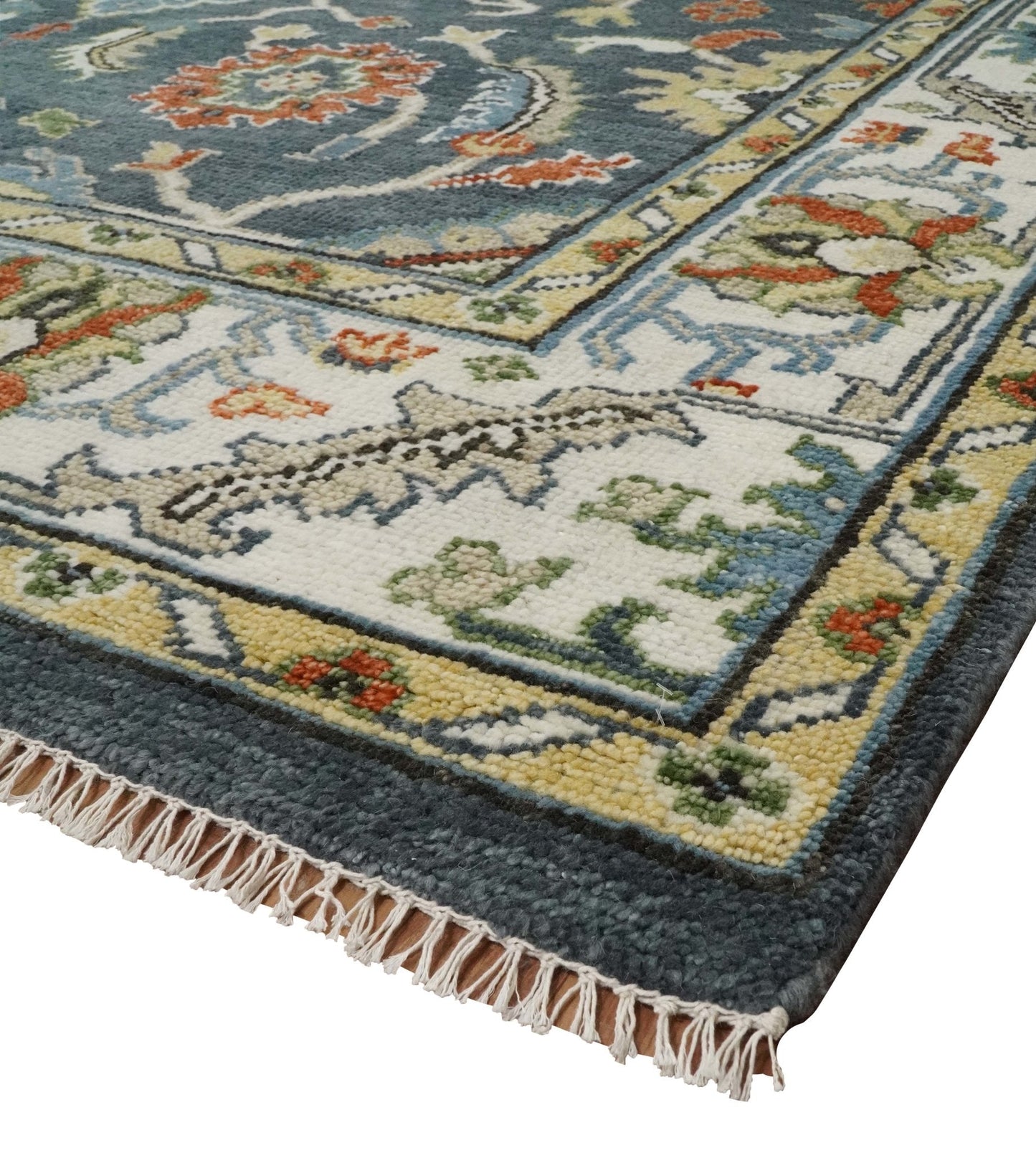 Custom Made Hand Knotted Teal, Blue and Ivory Traditional Oushak Wool Area Rug