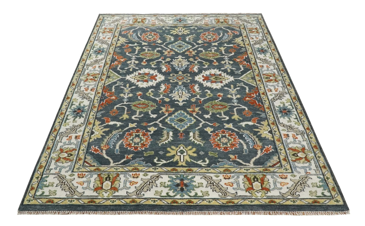 Custom Made Hand Knotted Teal, Blue and Ivory Traditional Oushak Wool Area Rug