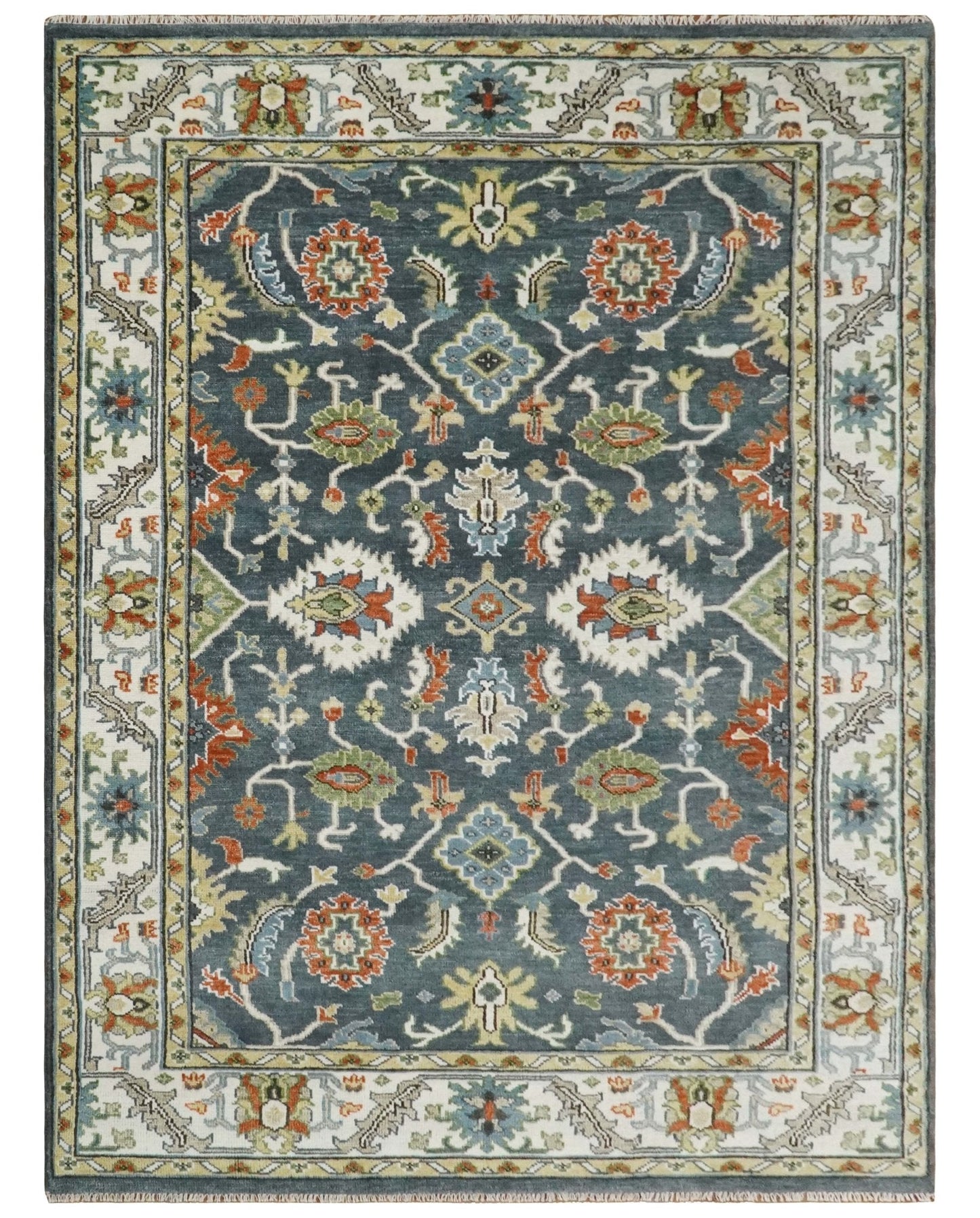 Custom Made Hand Knotted Teal, Blue and Ivory Traditional Oushak Wool Area Rug