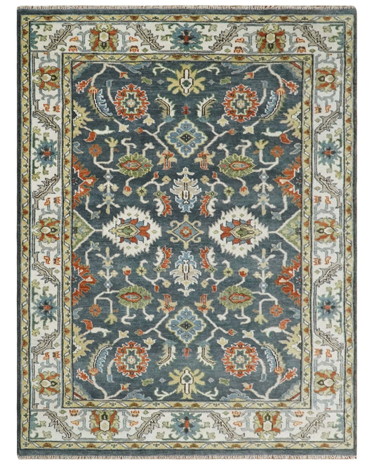 Custom Made Hand Knotted Teal, Blue and Ivory Traditional Oushak Wool Area Rug