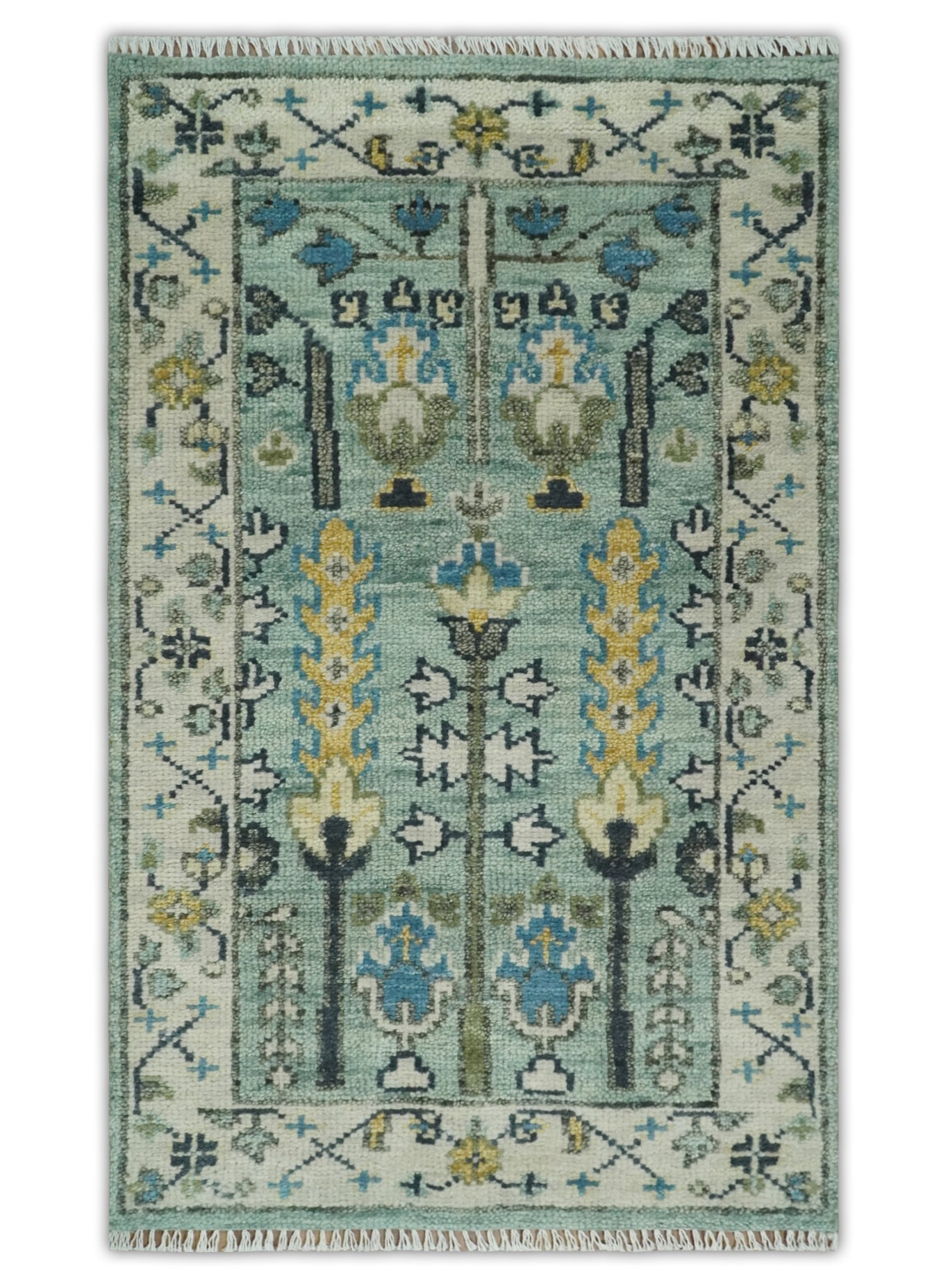 Hand Knotted Traditional Blue and Ivory Antique Oushak Custom Made Wool Area Rug