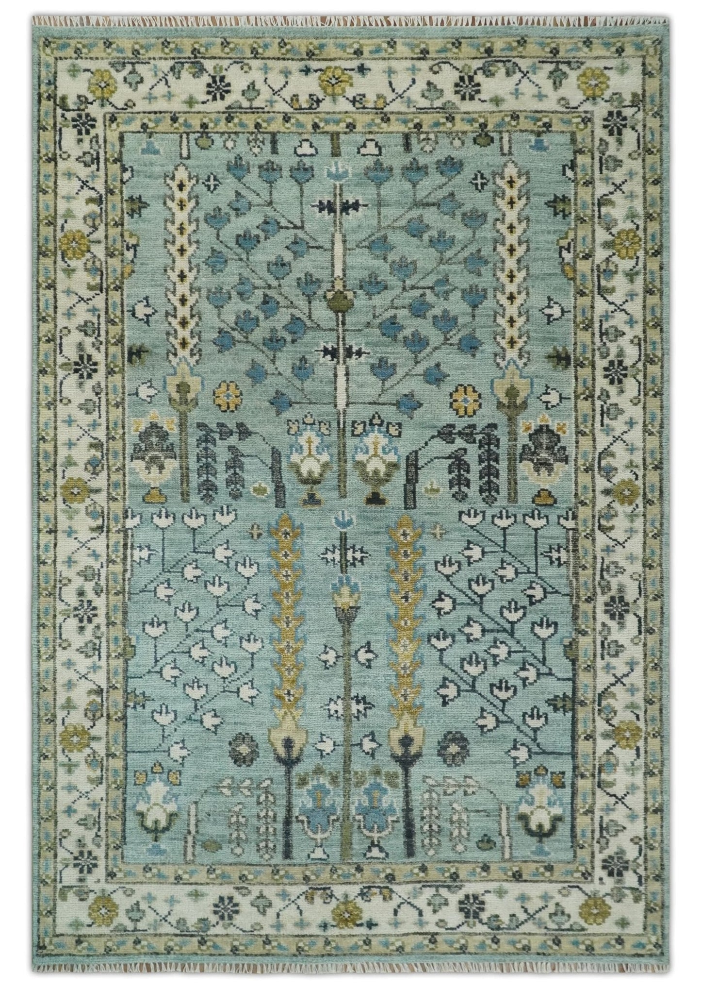 Hand Knotted Traditional Blue and Ivory Antique Oushak Custom Made Wool Area Rug