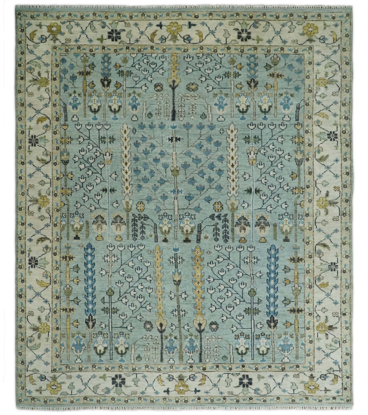 Hand Knotted Traditional Blue and Ivory Antique Oushak Custom Made Wool Area Rug