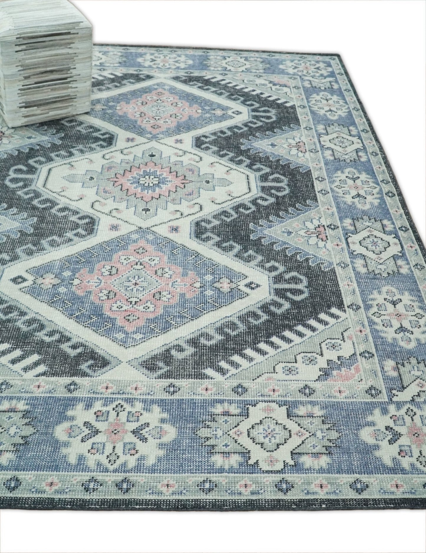 Custom Made Ivory, Charcoal, Silver and Blue Traditional Hand knotted wool Area Rug
