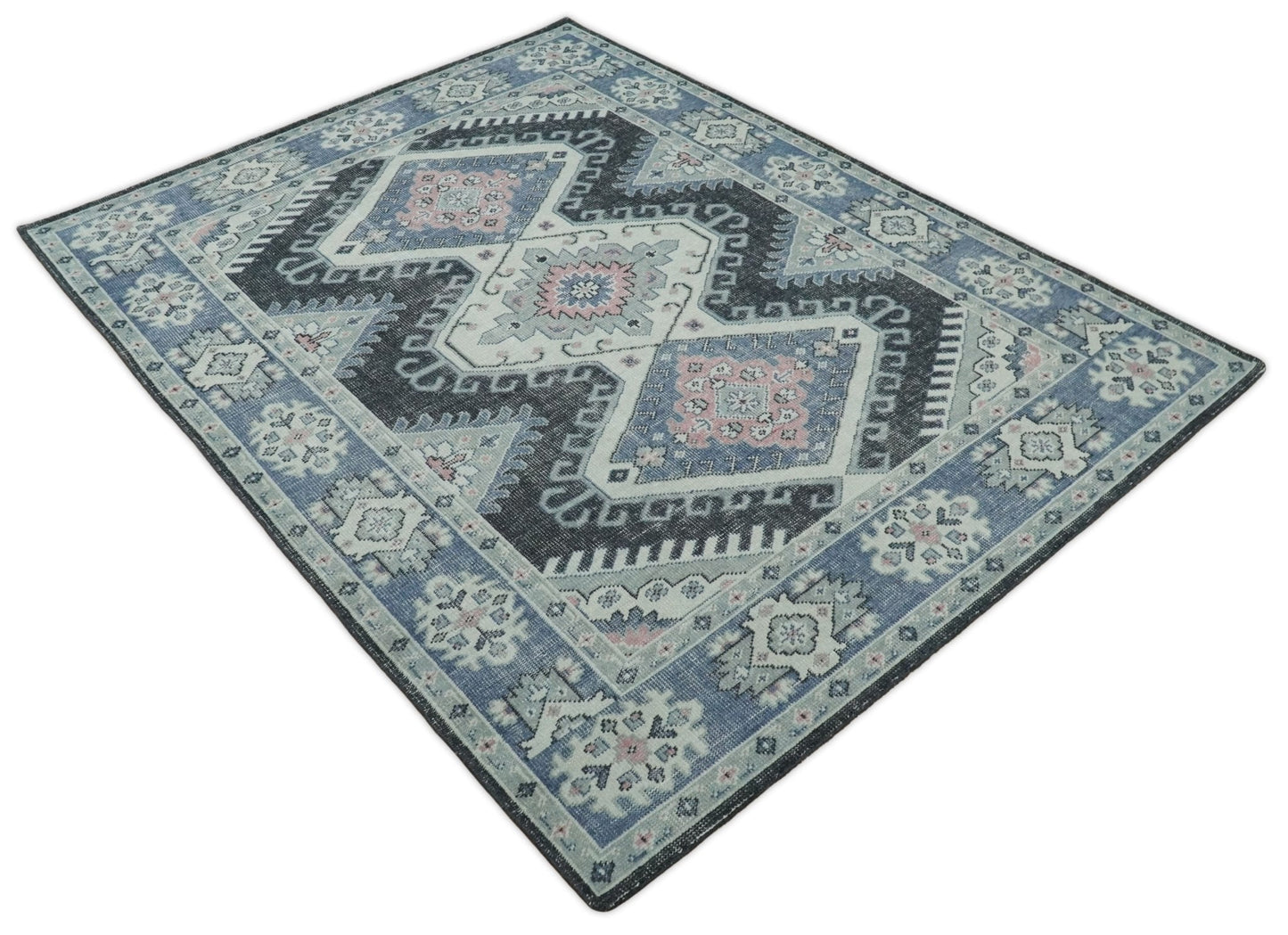 Custom Made Ivory, Charcoal, Silver and Blue Traditional Hand knotted wool Area Rug