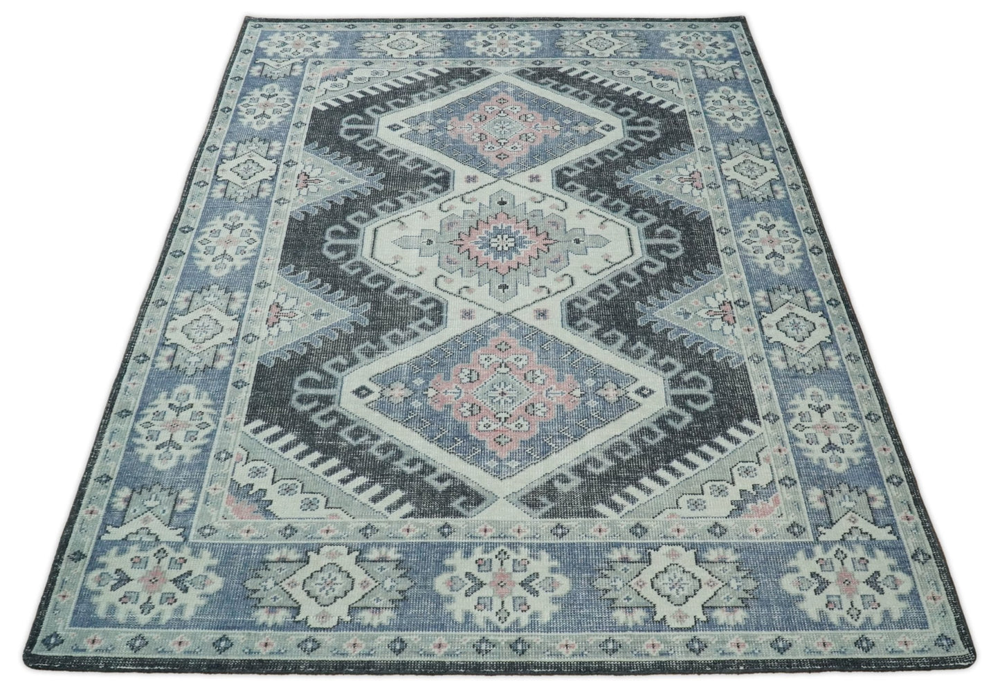 Custom Made Ivory, Charcoal, Silver and Blue Traditional Hand knotted wool Area Rug
