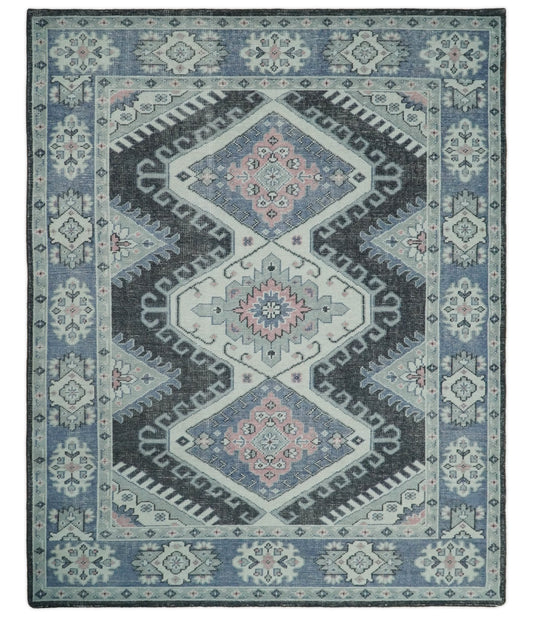 Custom Made Ivory, Charcoal, Silver and Blue Traditional Hand knotted wool Area Rug
