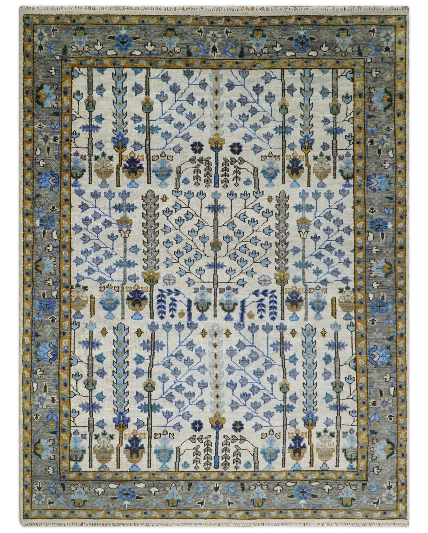 Custom Made Tree of life Hand Knotted Antique Ivory, Blue and Gray Traditional Oushak Wool area Rug