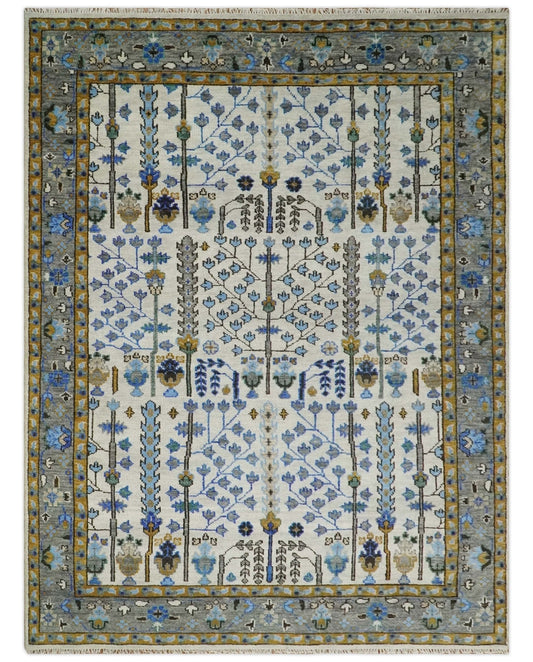 Custom Made Tree of life Hand Knotted Antique Ivory, Blue and Gray Traditional Oushak Wool area Rug