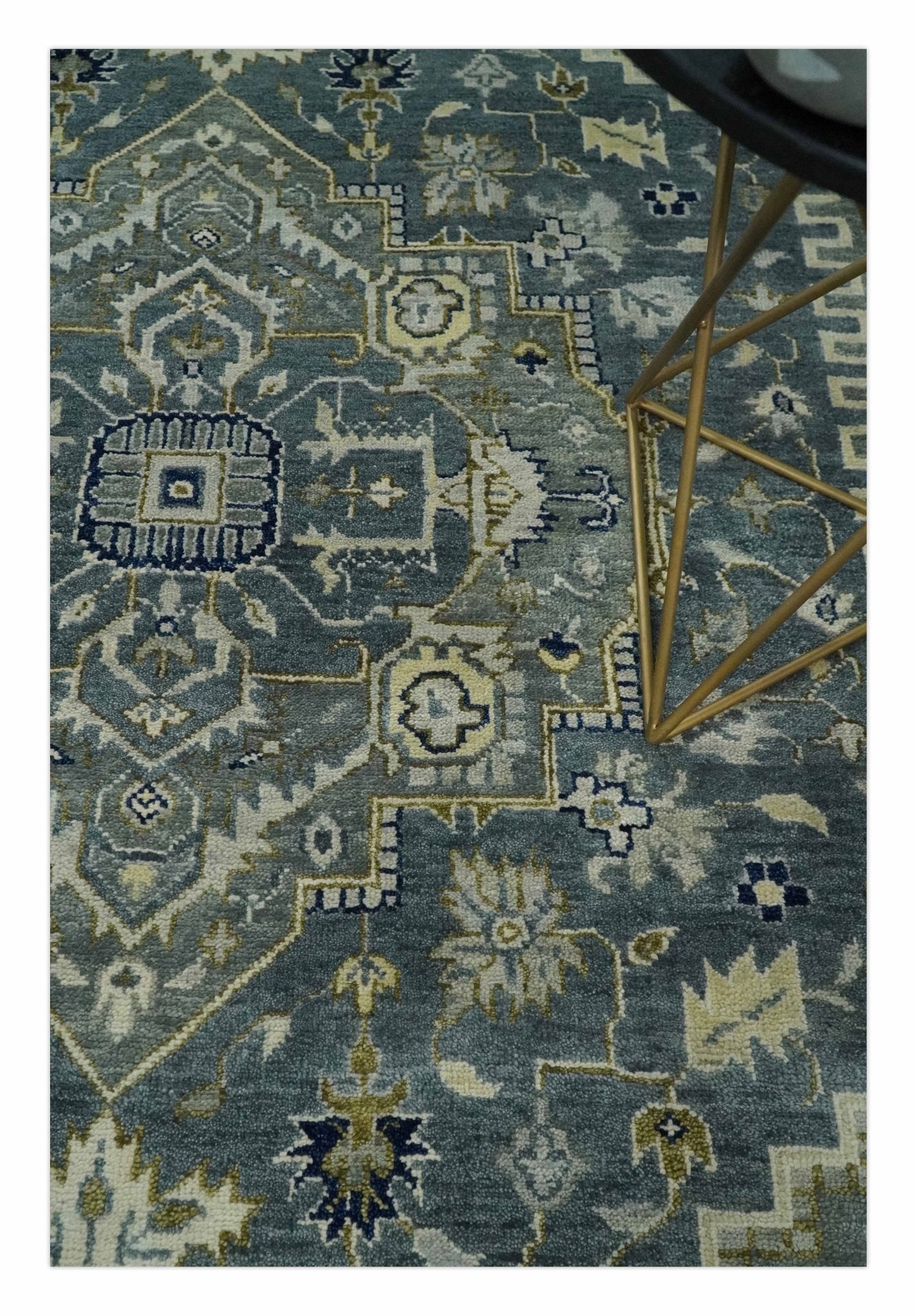 Custom Made Hand Knotted Antique Moss Gray Beige and Blue Traditional Heriz Serapi Wool Area Rug