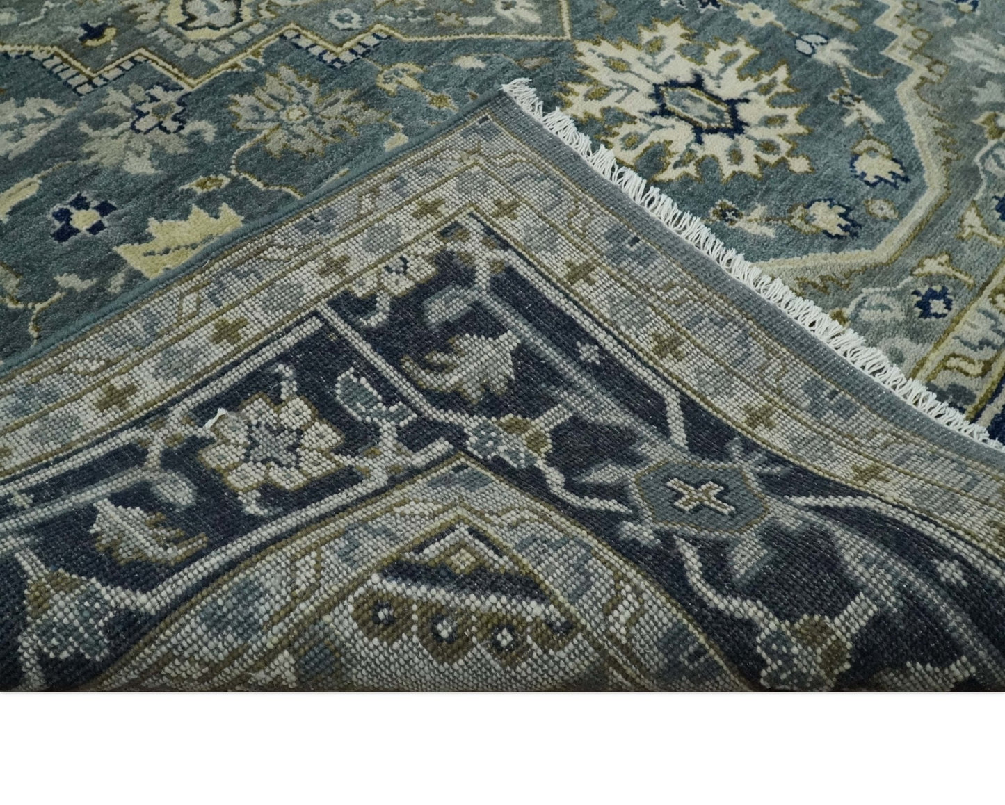Custom Made Hand Knotted Antique Moss Gray Beige and Blue Traditional Heriz Serapi Wool Area Rug