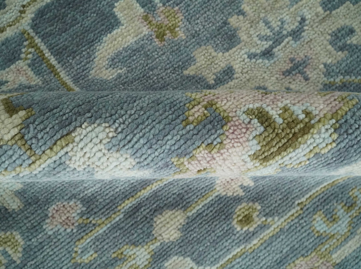 Custom Made Hand Knotted Gray, Blue and Beige Traditional Oushak Wool Area Rug