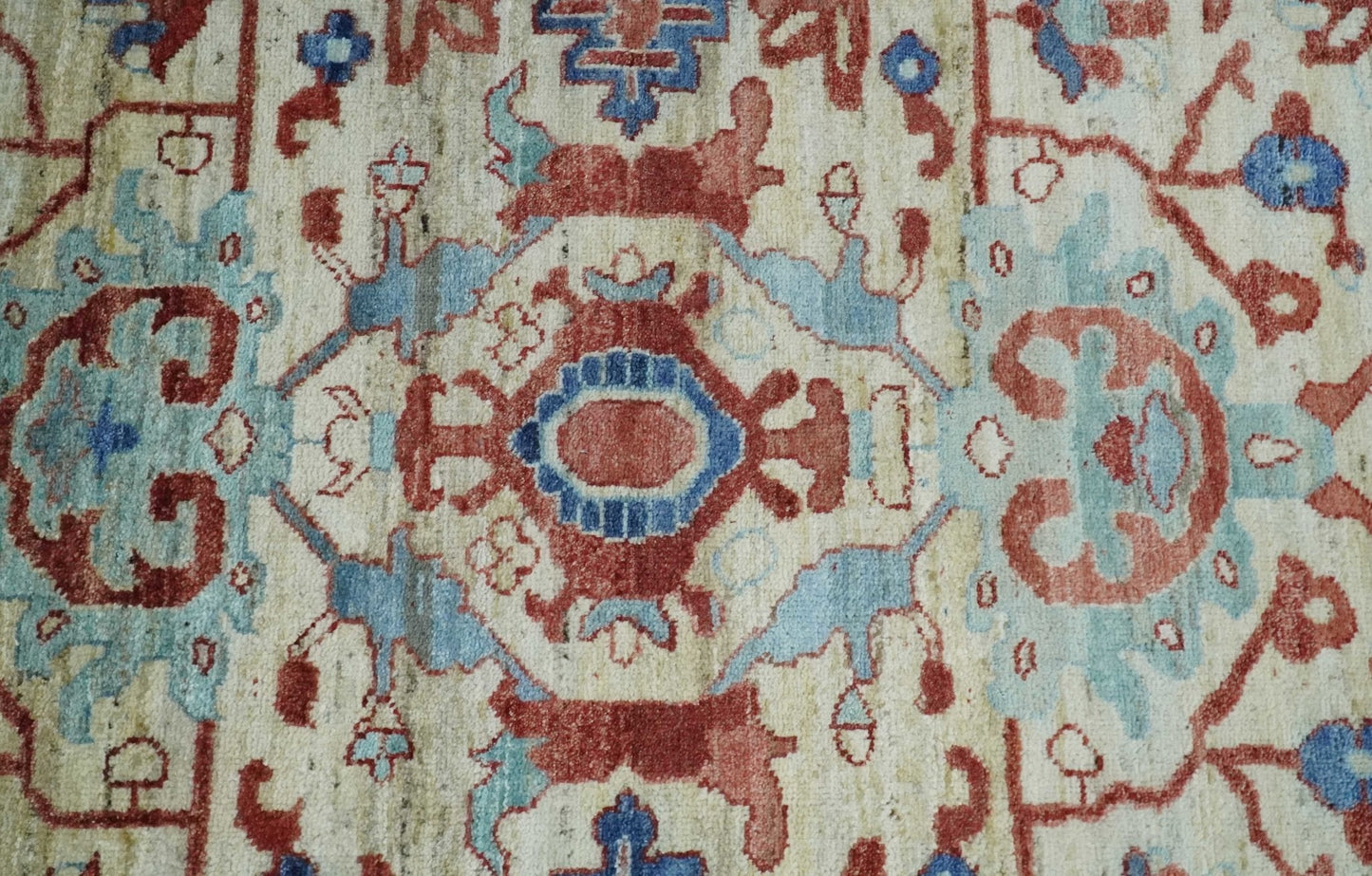 Hand Knotted Blue and Ivory Antique Vintage Style Custom Made Wool Rug, Living Room Rug