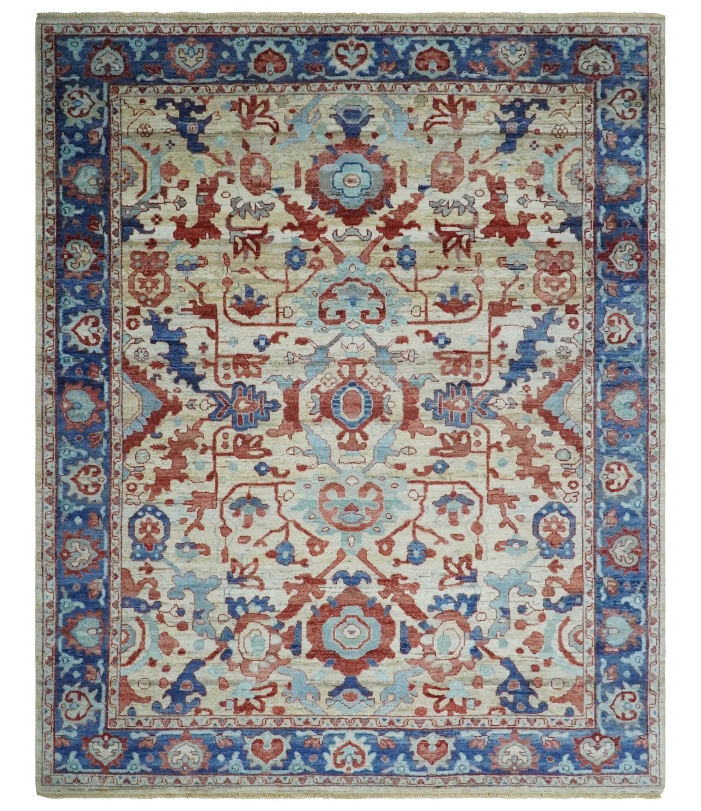 Hand Knotted Blue and Ivory Antique Vintage Style Custom Made Wool Rug, Living Room Rug