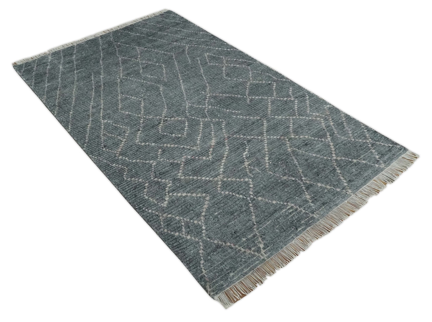 Custom Made Hand Knotted Charcoal and Ivory Moroccan Trellis Rug