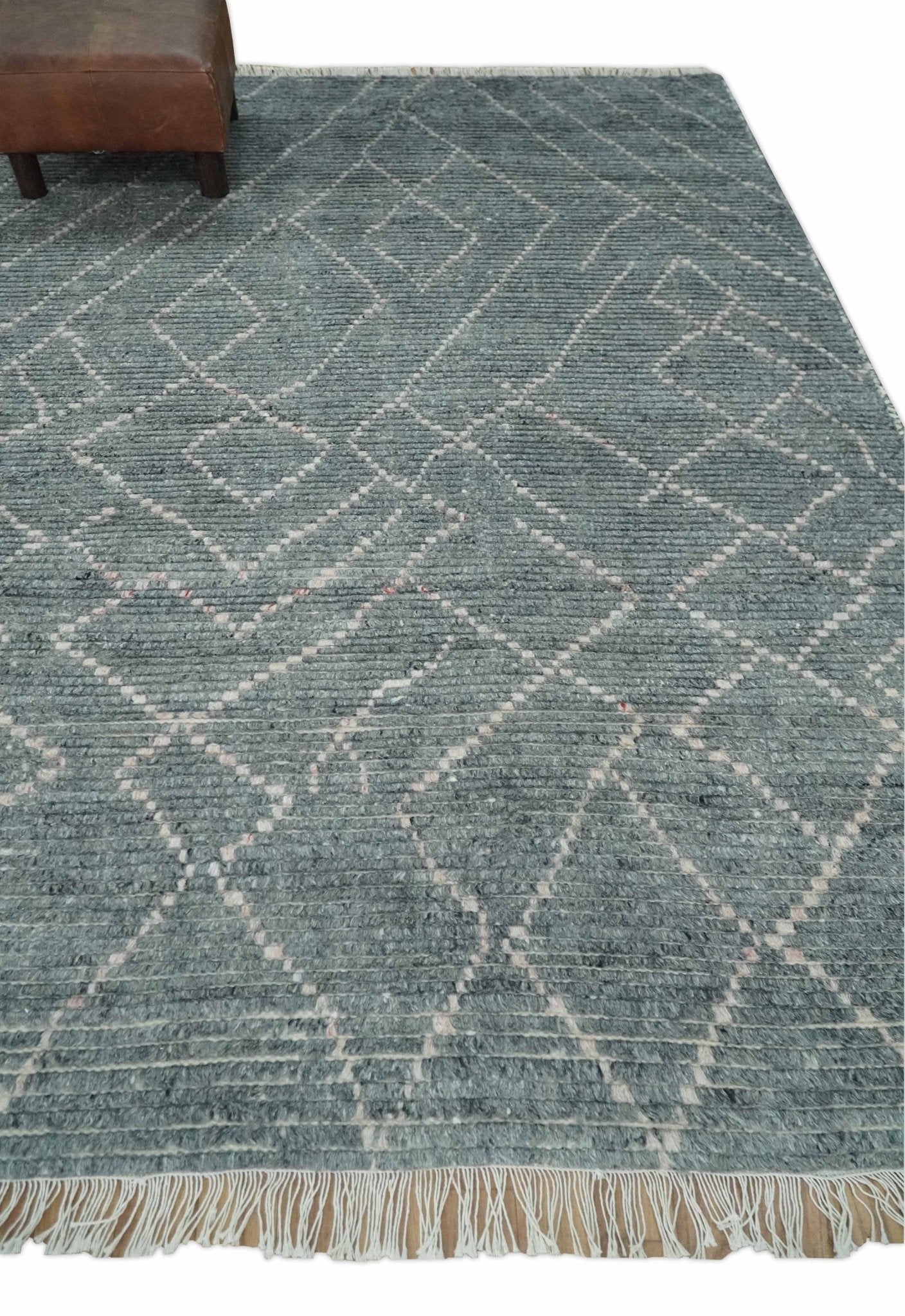 Custom Made Hand Knotted Charcoal and Ivory Moroccan Trellis Rug