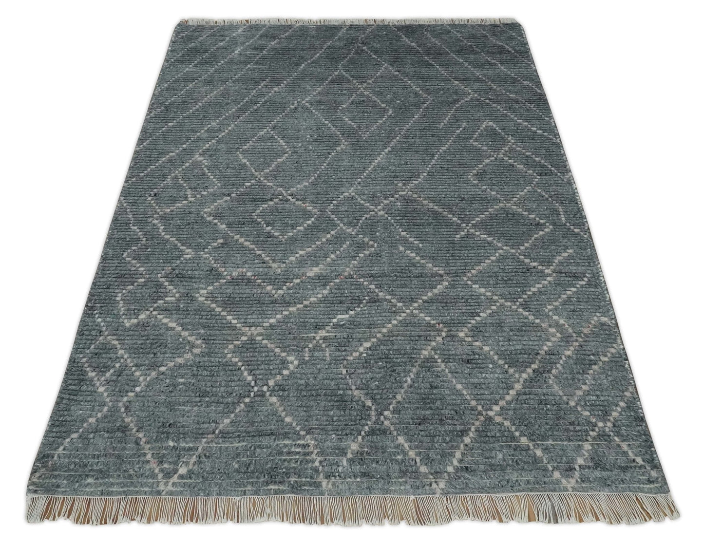 Custom Made Hand Knotted Charcoal and Ivory Moroccan Trellis Rug