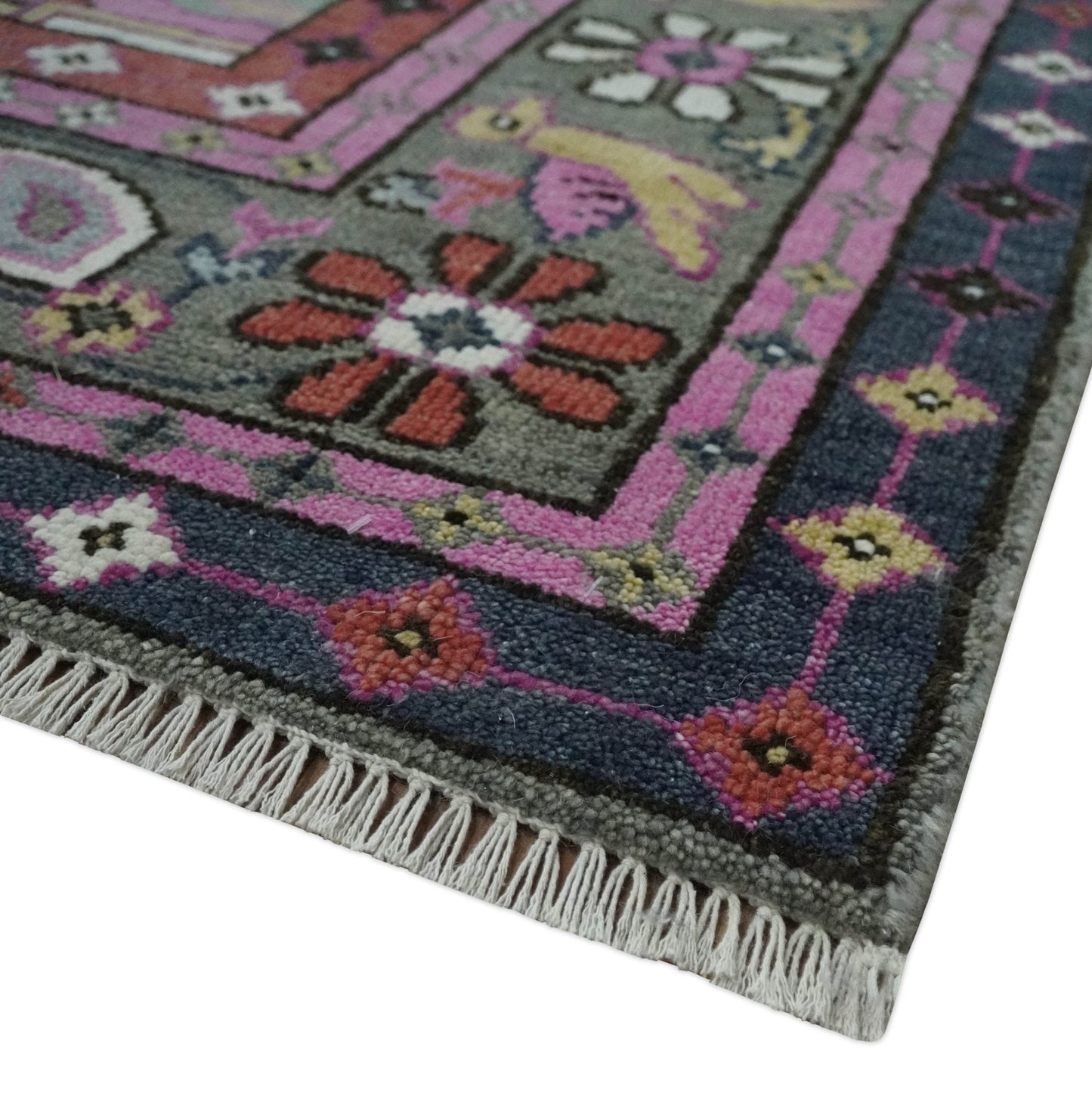 Hand Knotted Charcoal, Silver and Pink Traditional Custom Made Wool Area Rug