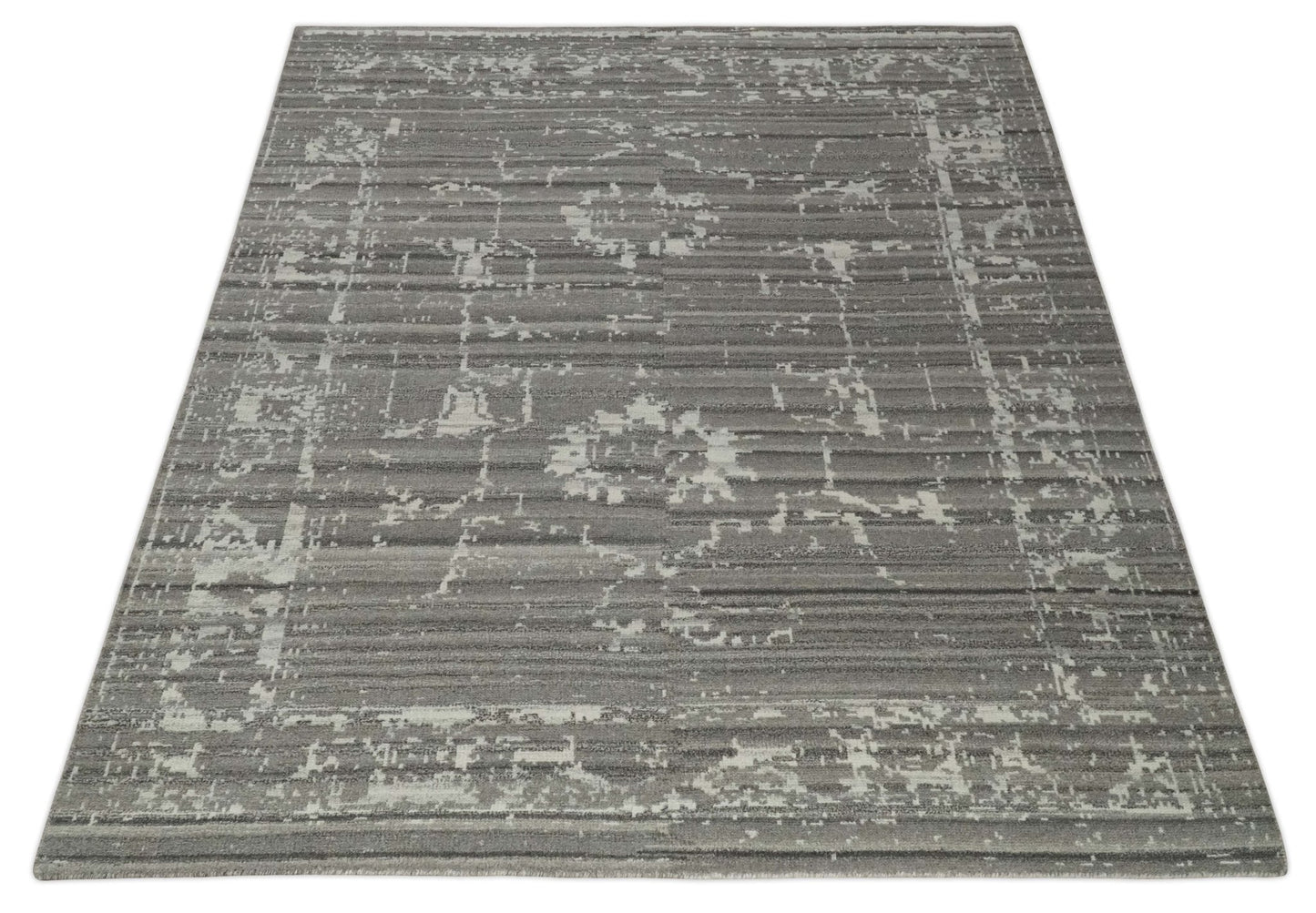 Hand Knotted Ivory and Charcoal Traditional Abstract Natural Wool Custom Made Area Rug, Kids, Living Room and Bedroom Rug