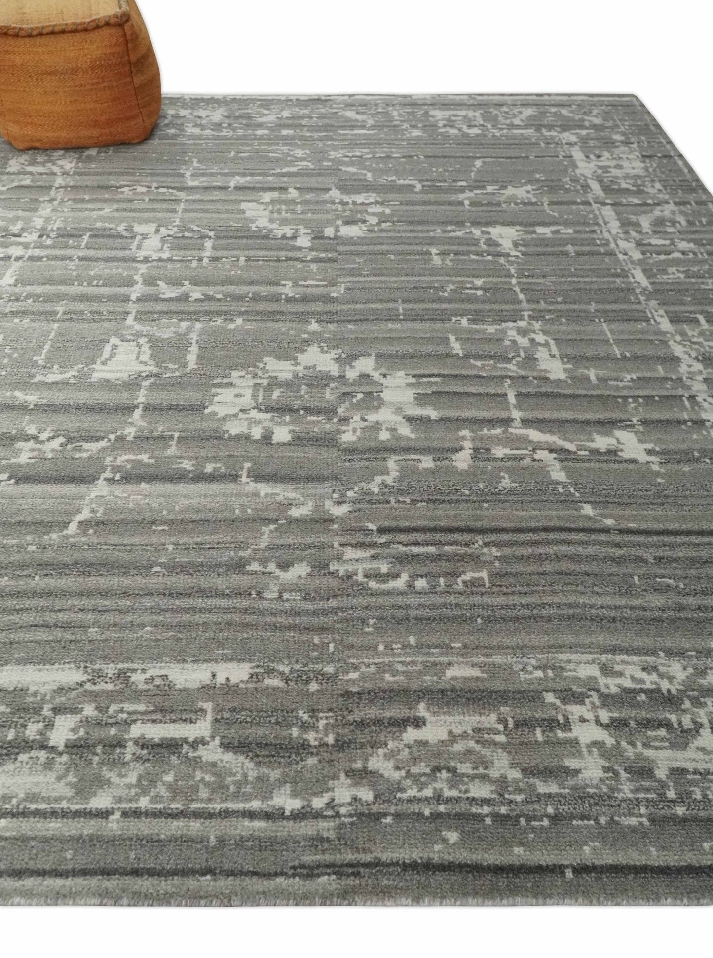 Hand Knotted Ivory and Charcoal Traditional Abstract Natural Wool Custom Made Area Rug, Kids, Living Room and Bedroom Rug