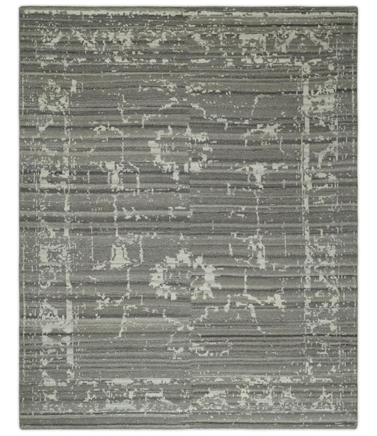 Hand Knotted Ivory and Charcoal Traditional Abstract Natural Wool Custom Made Area Rug, Kids, Living Room and Bedroom Rug