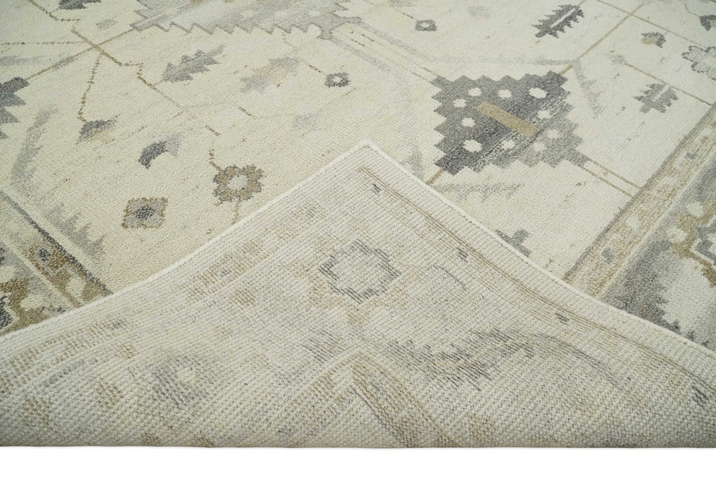 Custom Made Hand Knotted Ivory and Charcoal Traditional Tribal Natural Wool Area Rug, Kids, Living Room and Bedroom Rug