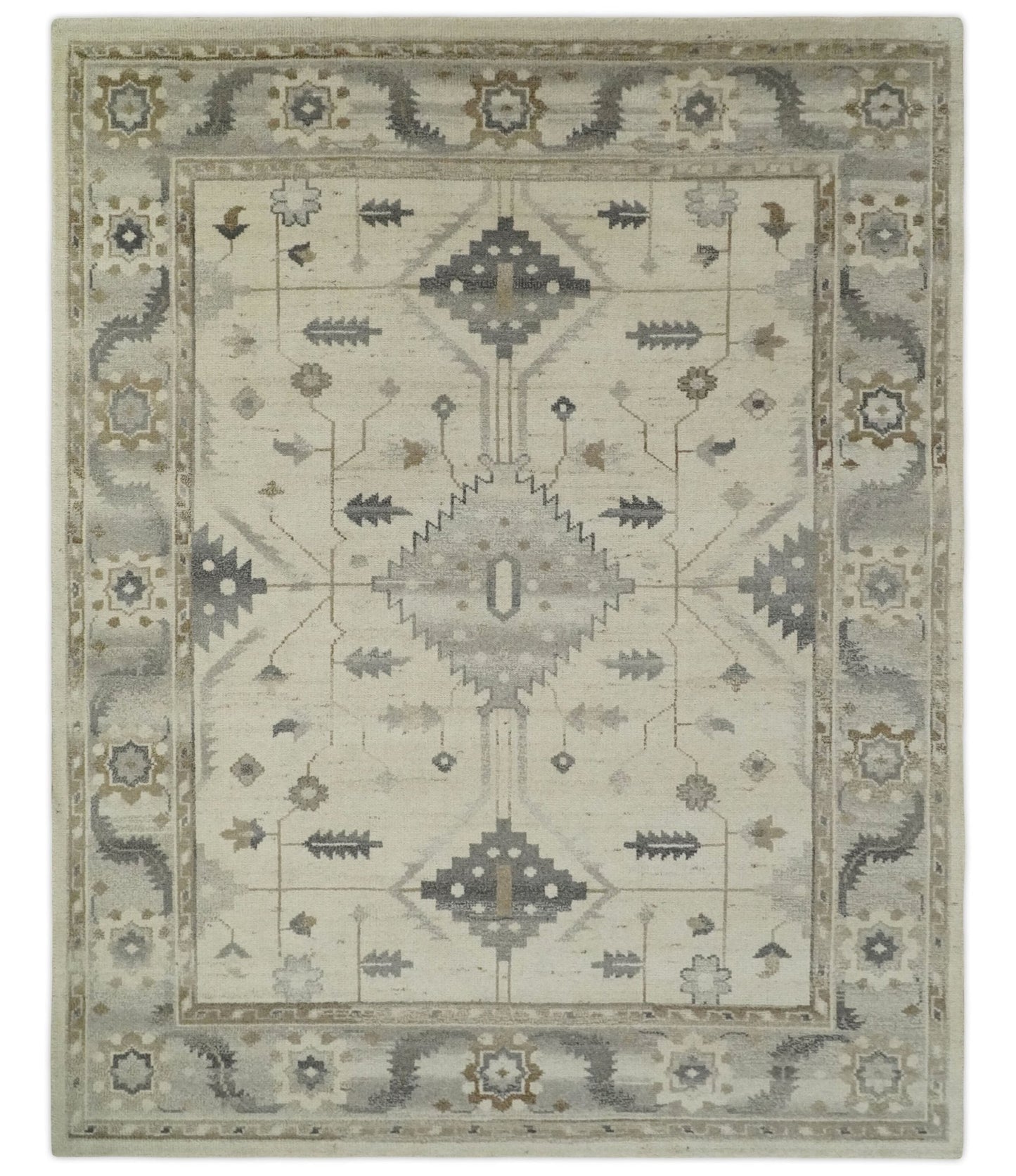 Custom Made Hand Knotted Ivory and Charcoal Traditional Tribal Natural Wool Area Rug, Kids, Living Room and Bedroom Rug