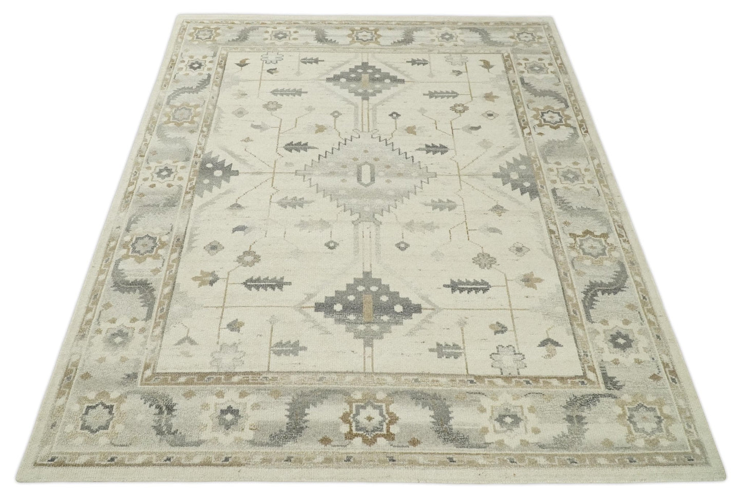 Custom Made Hand Knotted Ivory and Charcoal Traditional Tribal Natural Wool Area Rug, Kids, Living Room and Bedroom Rug