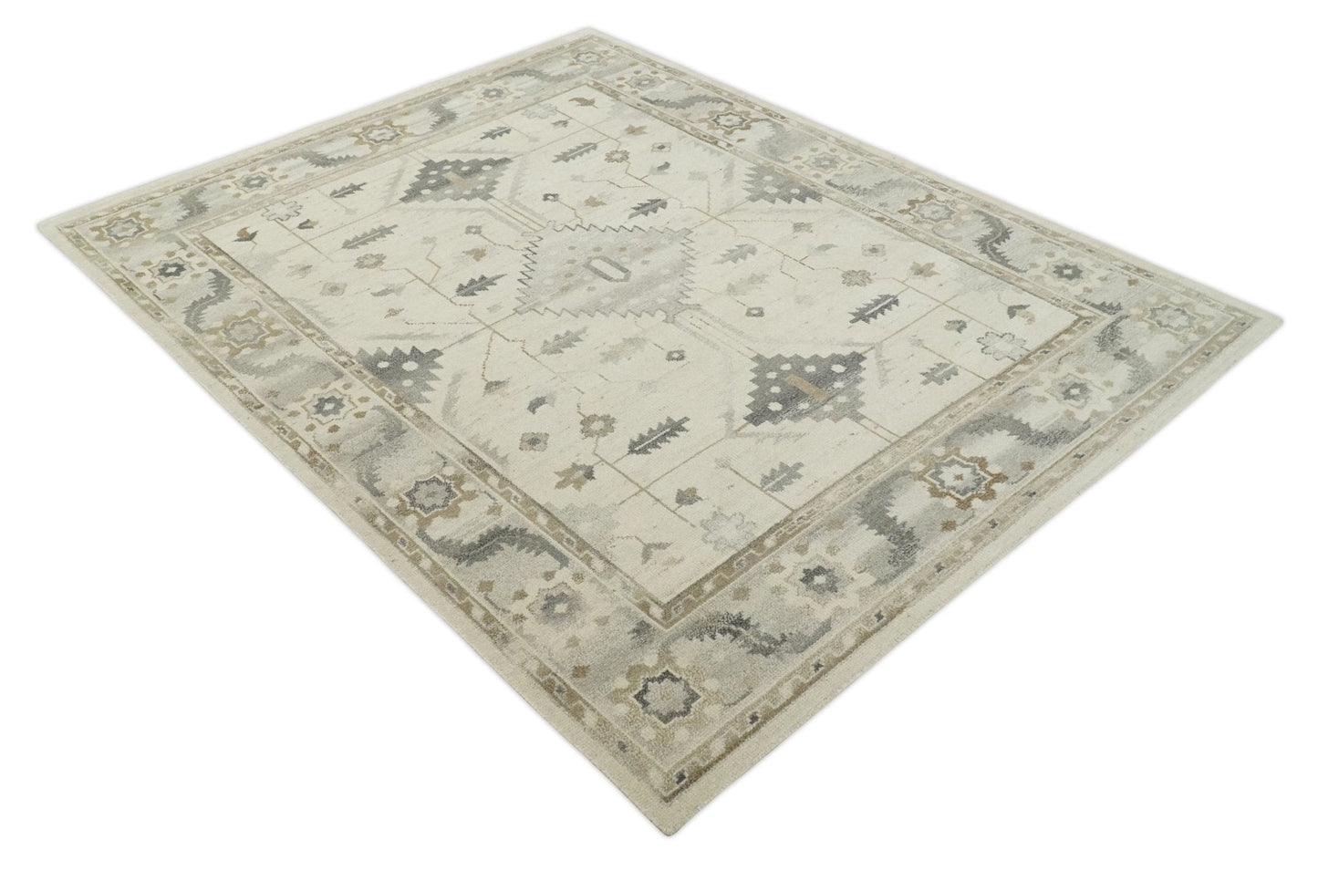 Custom Made Hand Knotted Ivory and Charcoal Traditional Tribal Natural Wool Area Rug, Kids, Living Room and Bedroom Rug