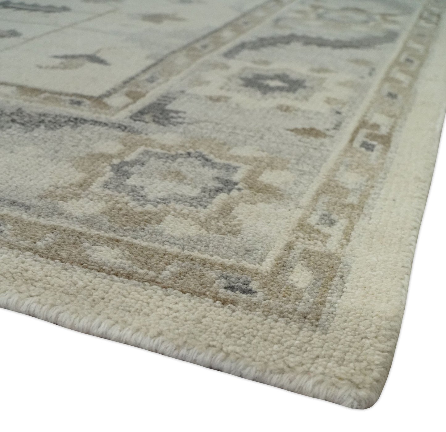Custom Made Hand Knotted Ivory and Charcoal Traditional Tribal Natural Wool Area Rug, Kids, Living Room and Bedroom Rug