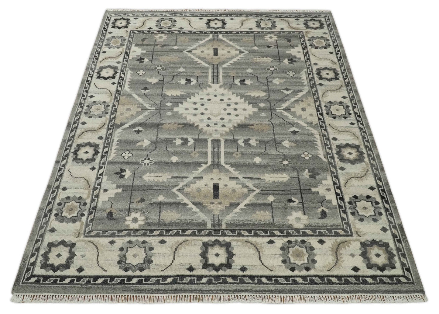 Hand Knotted Ivory and Gray Traditional Tribal Natural Wool Custom Made wool Area Rug, Kids, Living Room and Bedroom Rug