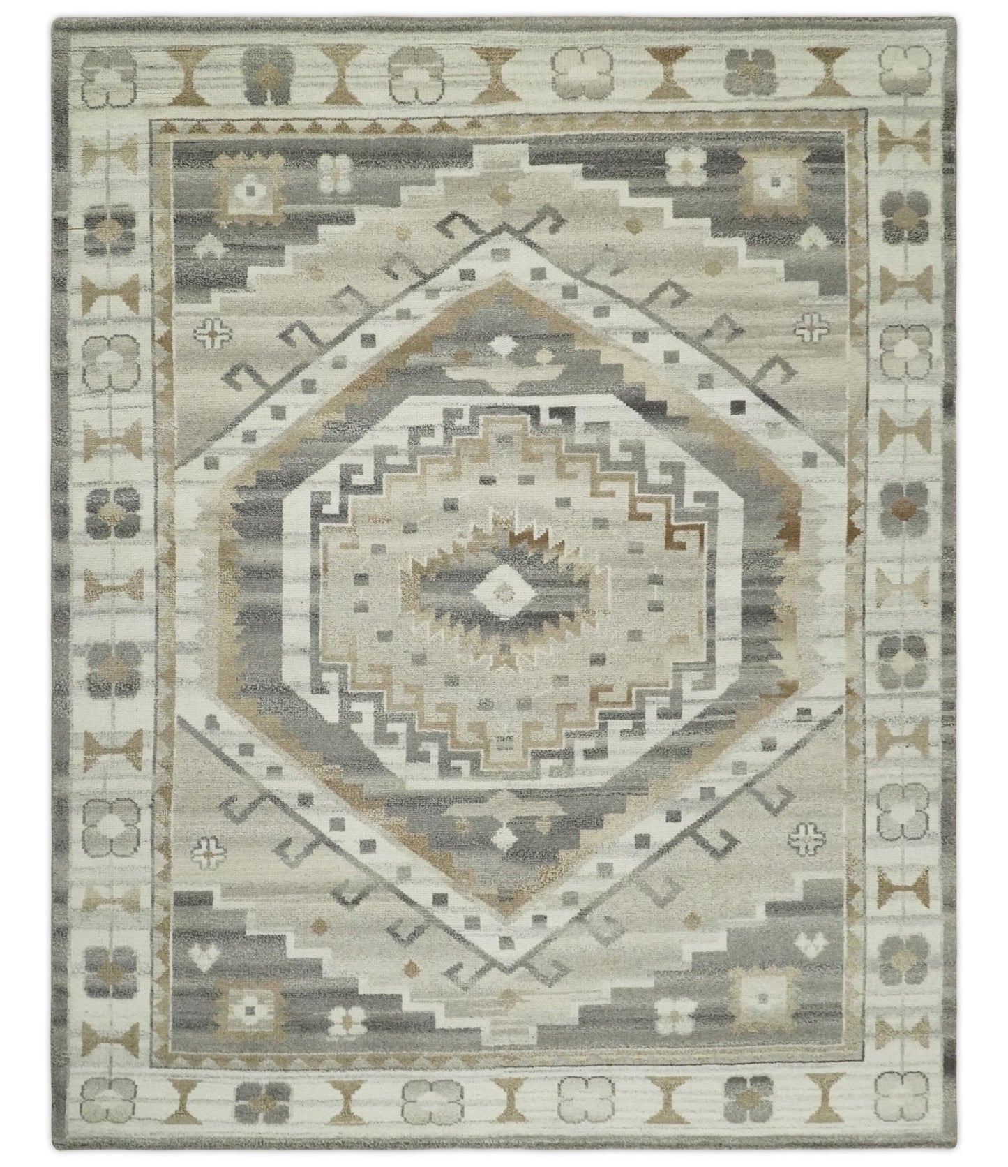 Hand Knotted Ivory, Charcoal and Beige Traditional Medallion Natural Wool Custom Made Area Rug, Kids, Living Room and Bedroom Rug