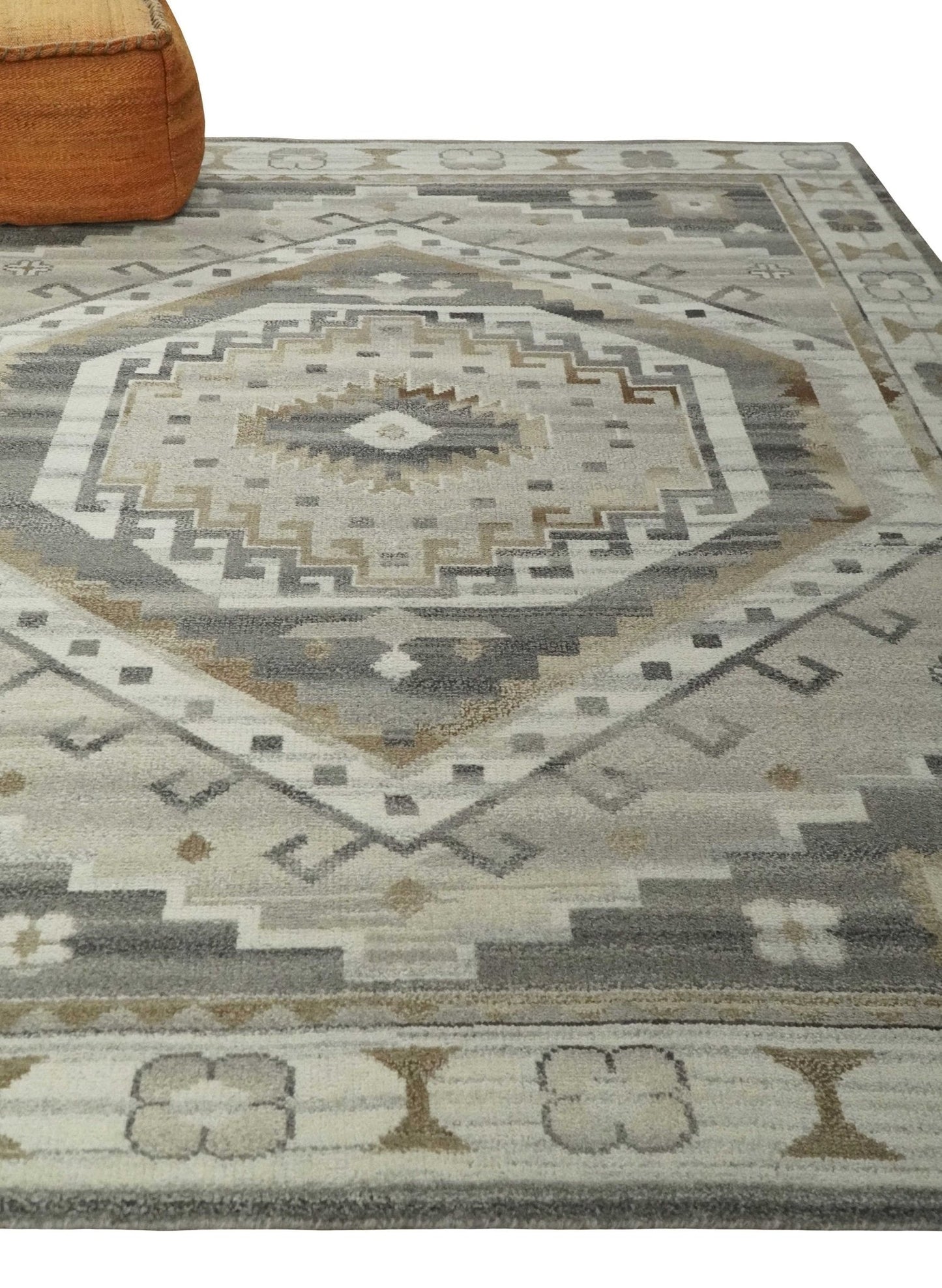 Hand Knotted Ivory, Charcoal and Beige Traditional Medallion Natural Wool Custom Made Area Rug, Kids, Living Room and Bedroom Rug
