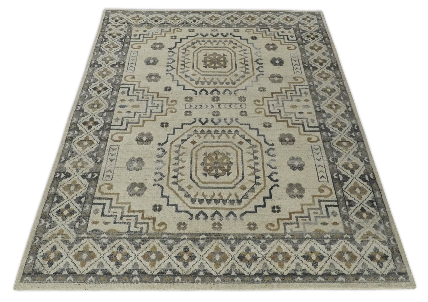 Hand Knotted Ivory, Gray and Beige Traditional Medallion Natural Wool Custom Made Area Rug, Kids, Living Room and Bedroom Rug