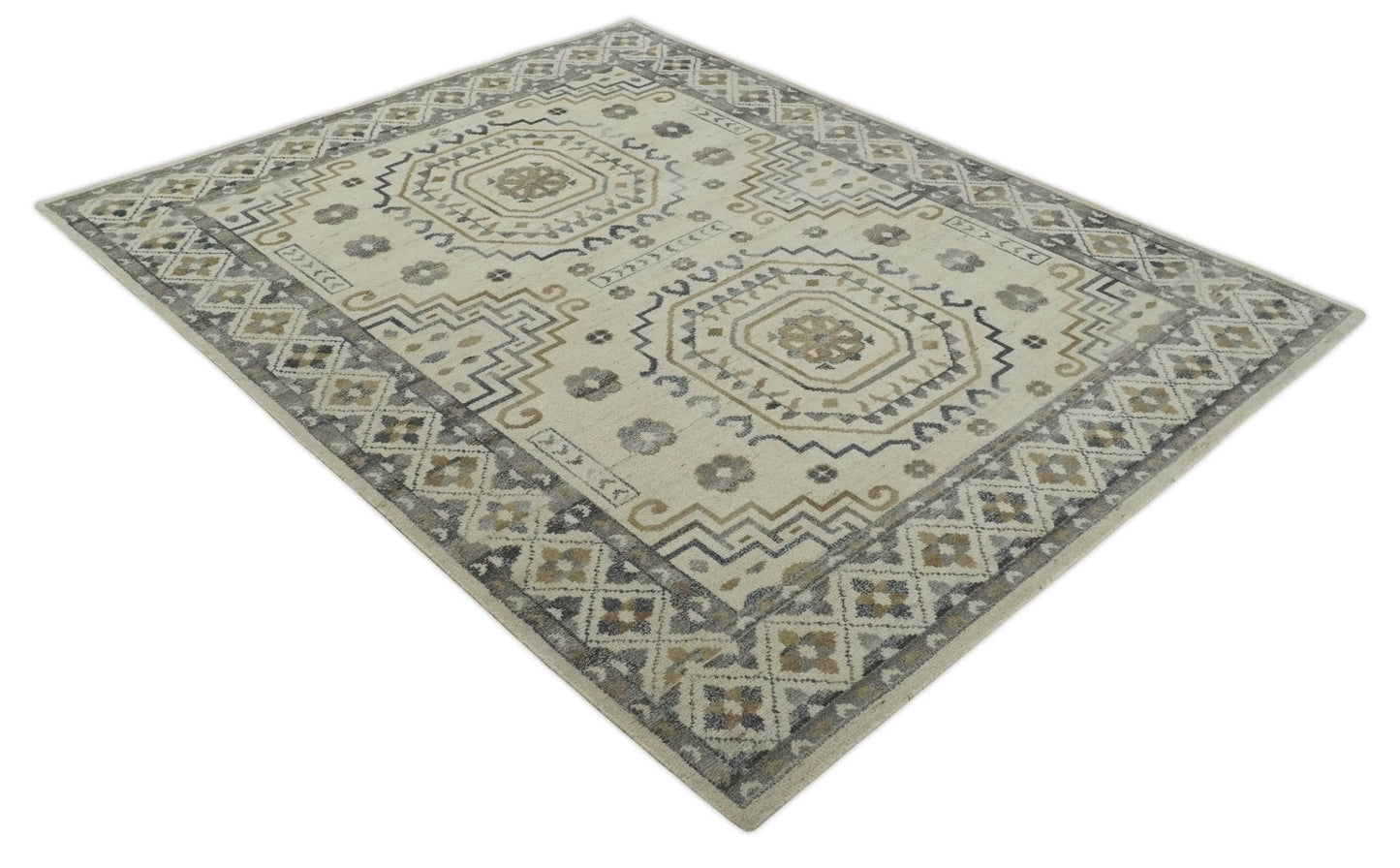 Hand Knotted Ivory, Gray and Beige Traditional Medallion Natural Wool Custom Made Area Rug, Kids, Living Room and Bedroom Rug