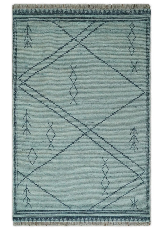 Custom Made Hand Woven Silver and Blue Abstract Trellis Moroccan Rug Made with Blended Wool