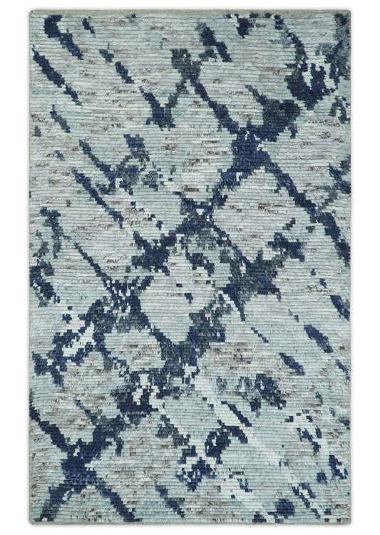 Custom Made Hand Woven Silver, Blue and Charcoal Abstract Trellis Moroccan Rug Made with Blended Wool