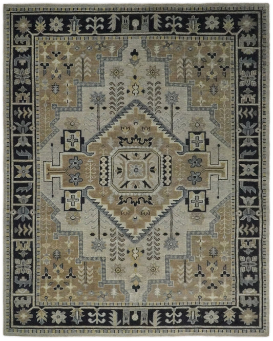 Vintage Distressed Hand Knotted Traditional Heriz Serapi Camel, Ivory and Black Custom Made wool Area Rug