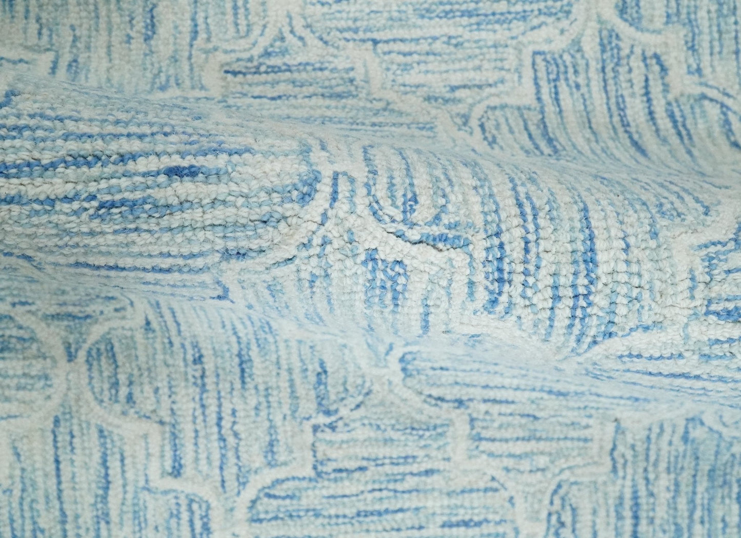 Custom Made Ivory and Blue Modern Geometric Hand Tufted Natural Wool Area Rug