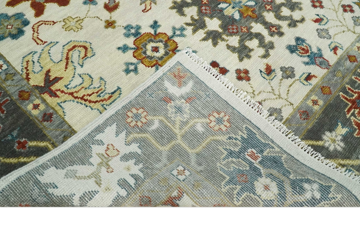 Ivory and Gray Floral Oushak Hand Knotted Custom Made Wool Area Rug