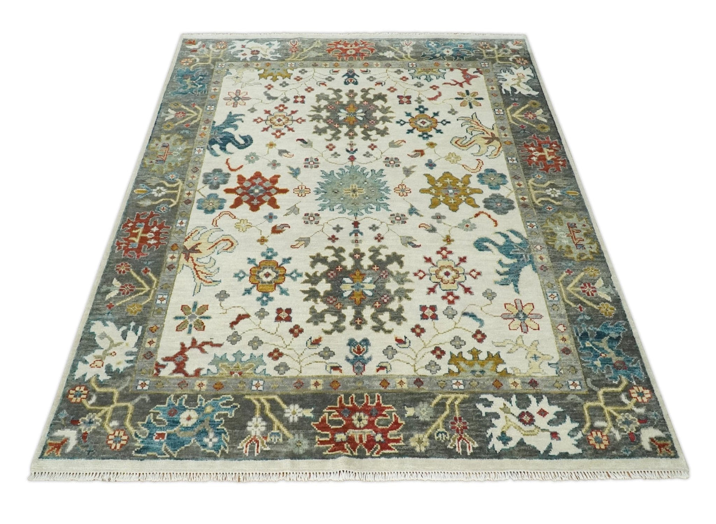 Ivory and Gray Floral Oushak Hand Knotted Custom Made Wool Area Rug