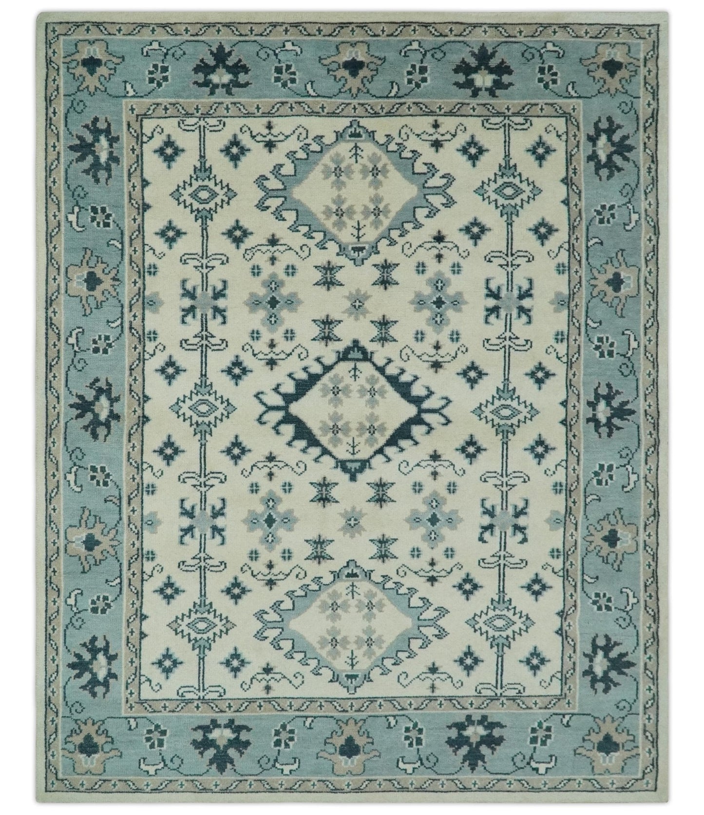 Ivory and Light Blue Traditional Oriental Hand Knotted Custom Made wool area Rug