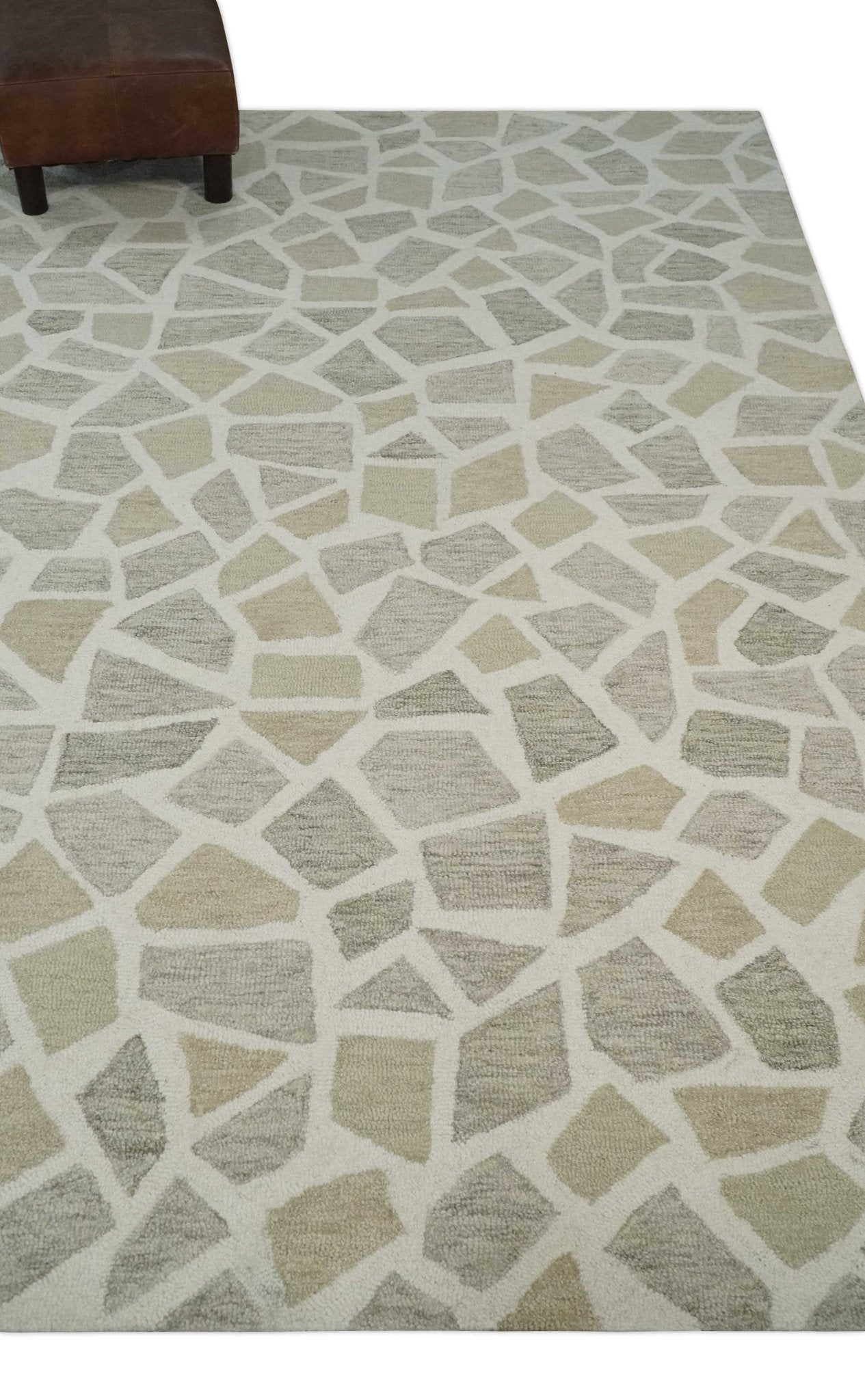 Ivory Beige and Brown mosaic Design Custom Made Hand Hooked  Modern Style Rug