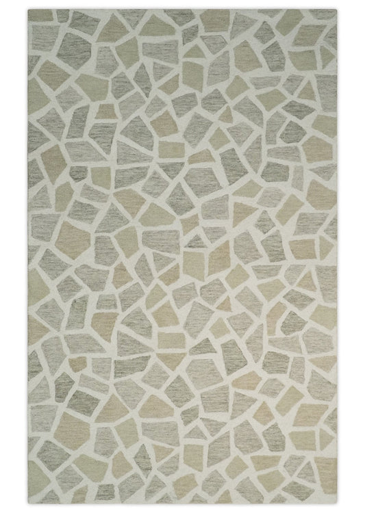 Ivory Beige and Brown mosaic Design Custom Made Hand Hooked  Modern Style Rug