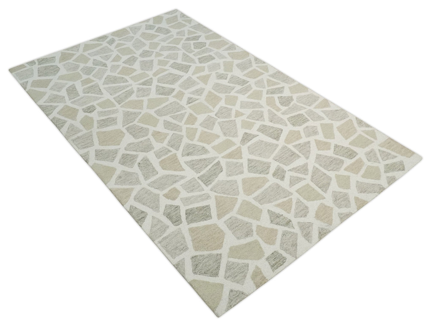 Ivory Beige and Brown mosaic Design Custom Made Hand Hooked  Modern Style Rug