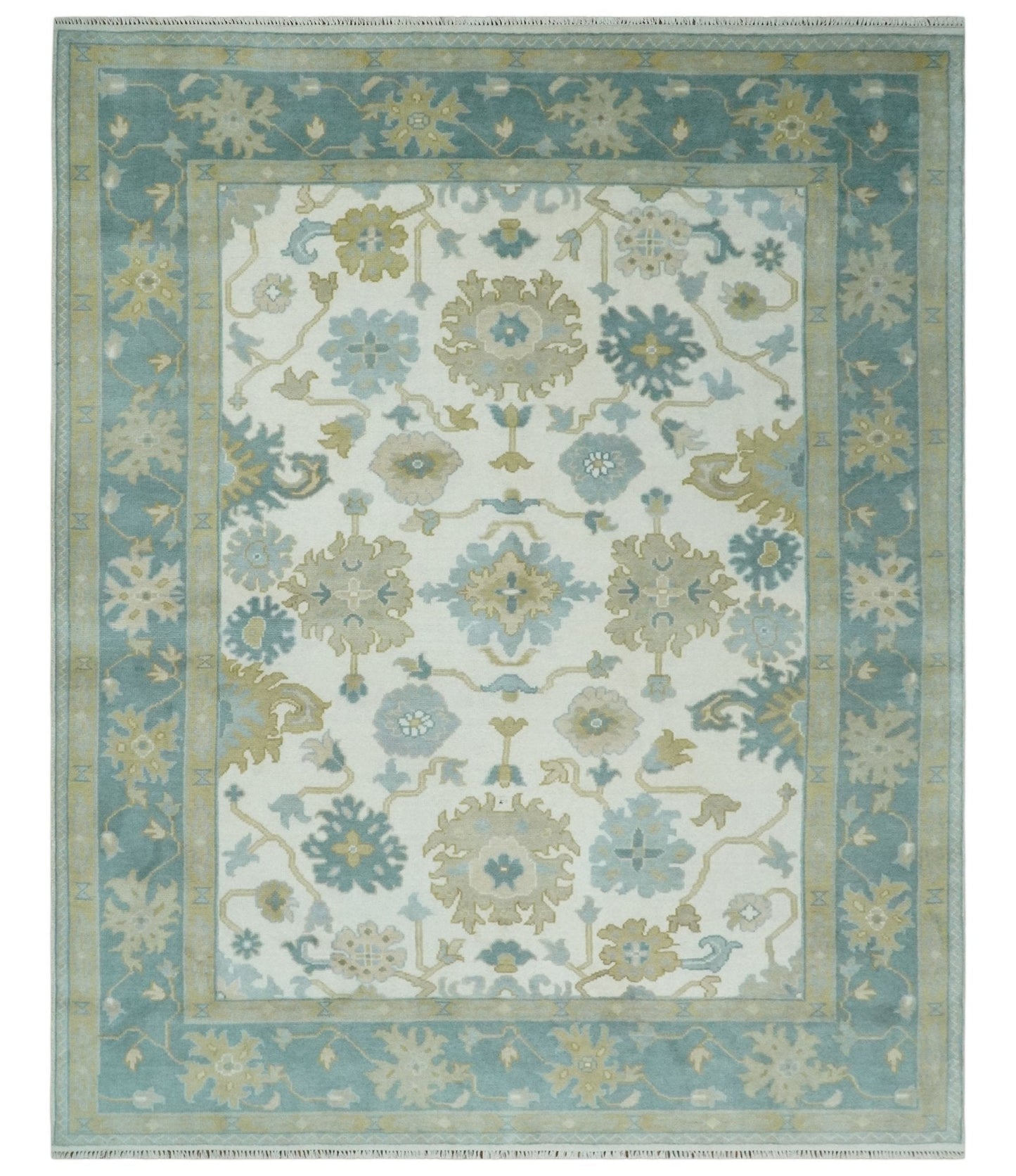 Ivory, Blue and Beige Floral Oushak Hand Knotted Traditional Turkish Inspired Custom Made Wool Area Rug