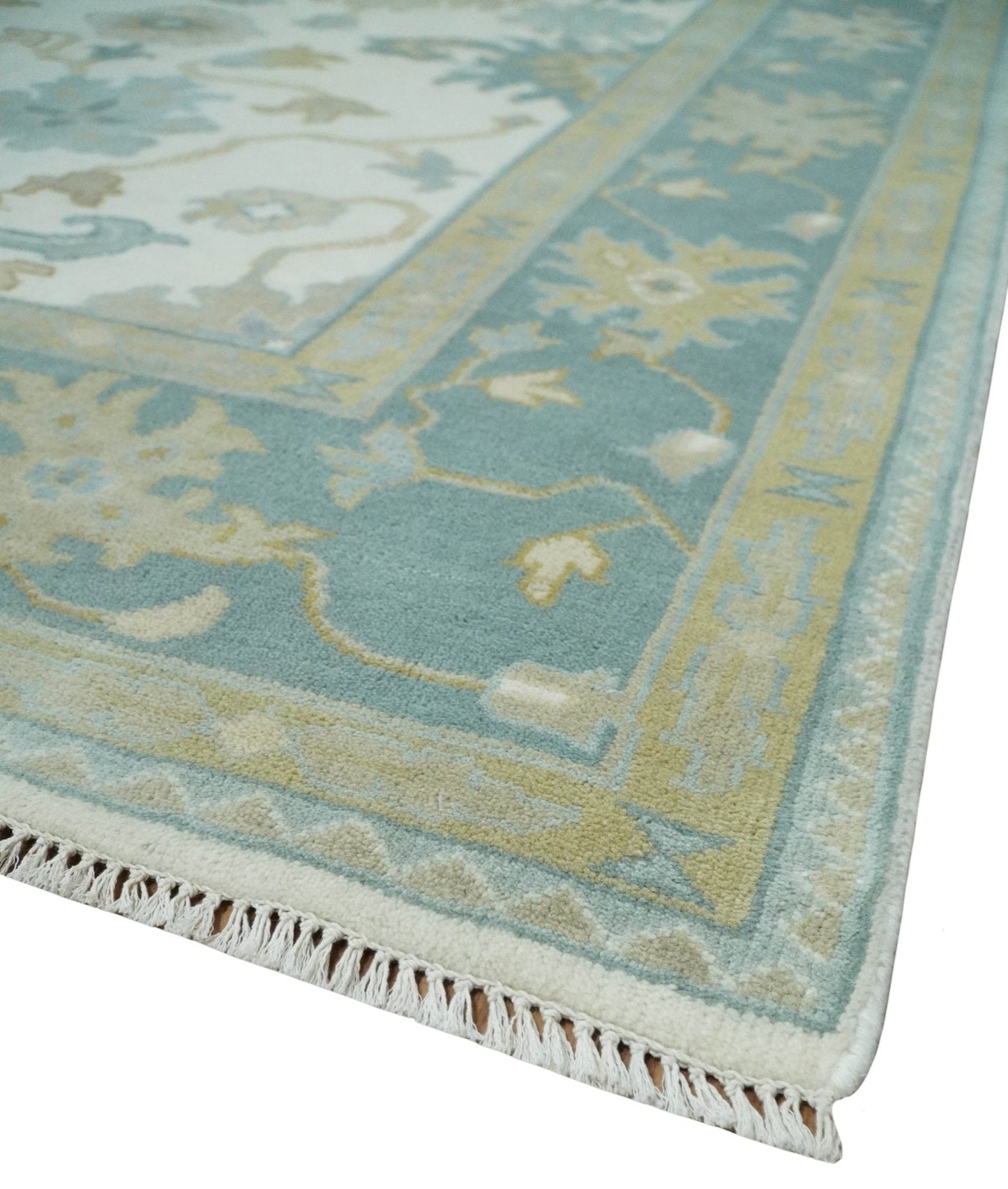 Ivory, Blue and Beige Floral Oushak Hand Knotted Traditional Turkish Inspired Custom Made Wool Area Rug
